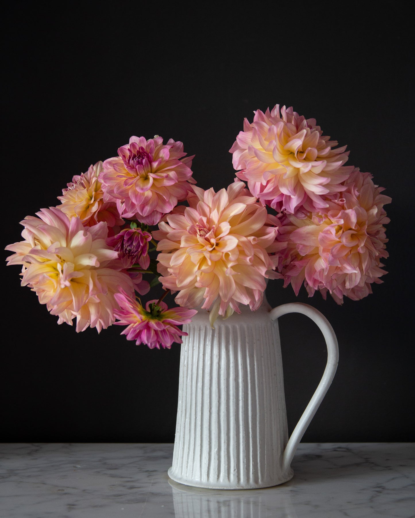 White pitcher filled with pink and yellow flowers on a dark background