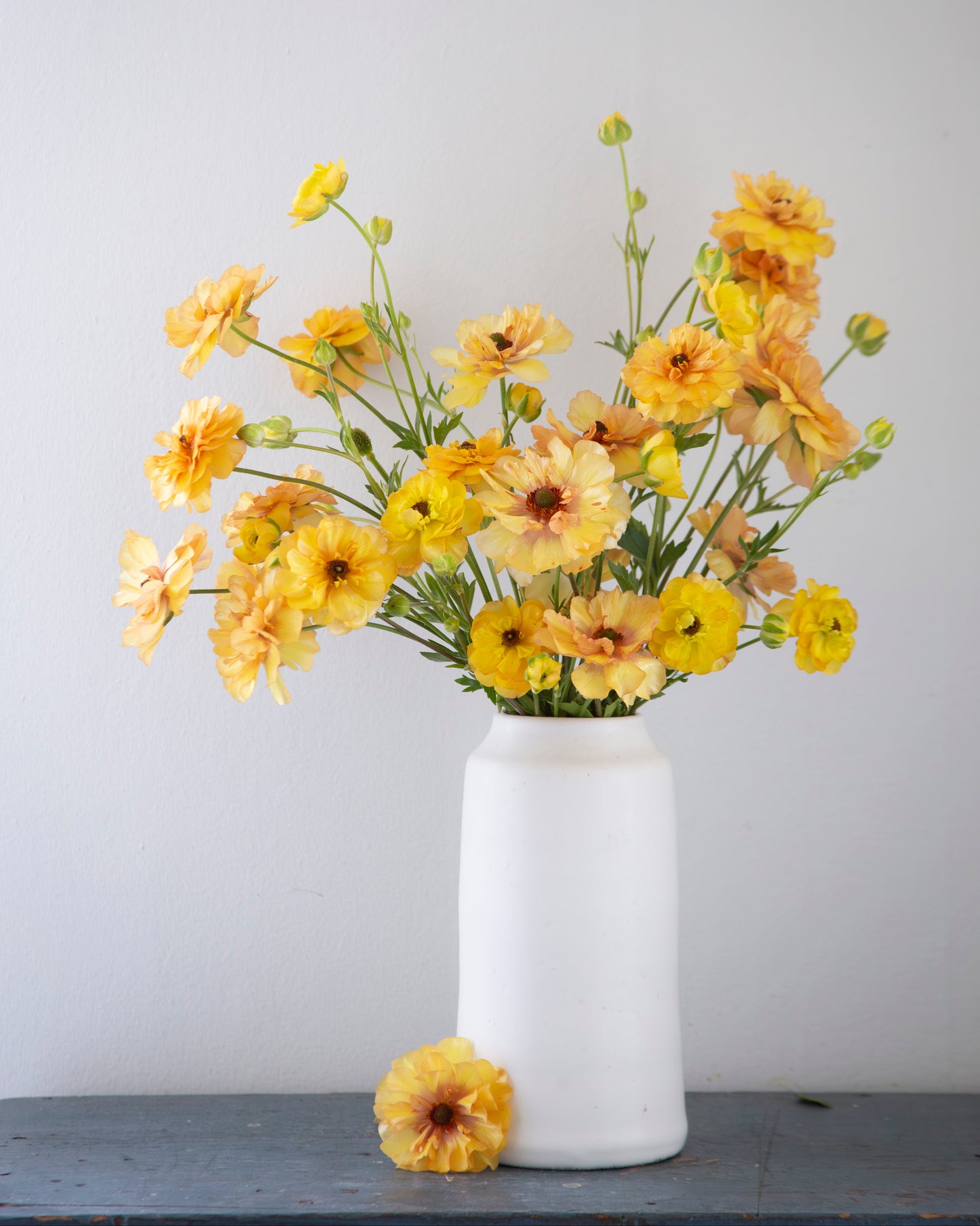 White vase with yellow flowers on a gray surface against a light gray background