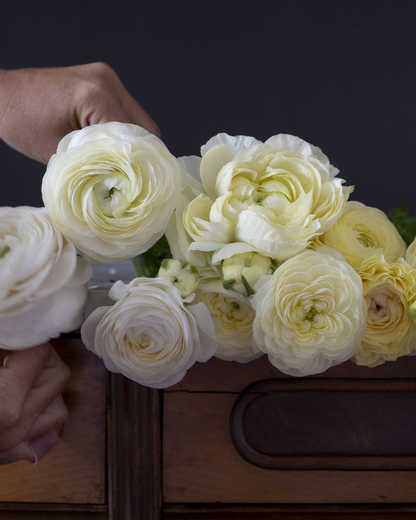 A close-up of cream and pale yellow ranunculus flowers with visible petals and stems, arranged in a bouquet.