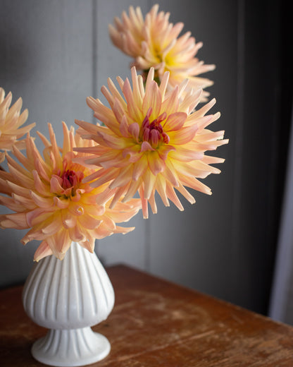 White vase with peach-colored flowers on a wooden surface against a gray wall.
