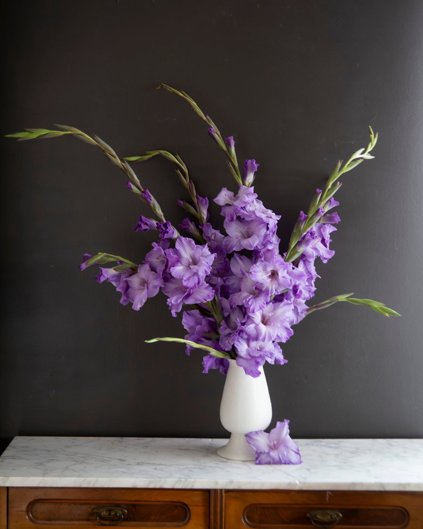 A bouquet of purple gladiolus flowers arranged in a white ceramic vase, set on a white marble surface with a dark brown wooden cabinet and a dark charcoal wall background.