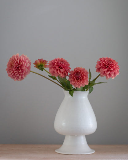 Four pink dahlia flowers with green stems arranged in a white pedestal vase on a light wood surface against a plain gray wall.