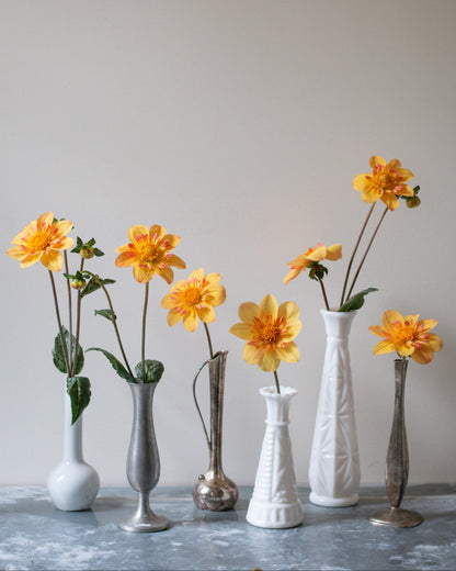 Six small vases in white, silver, and gray tones, each holding a yellow-orange dahlia flower, arranged on a gray surface against a plain beige wall.