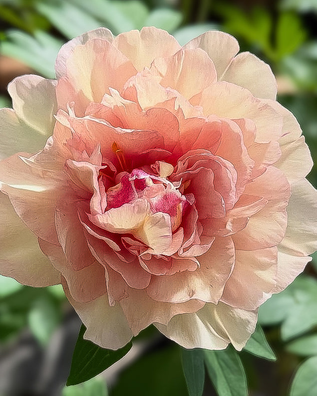 A close-up of a blooming Canary Brilliants peony flower with layered peach, pink, and cream petals, set against a soft green leafy background.