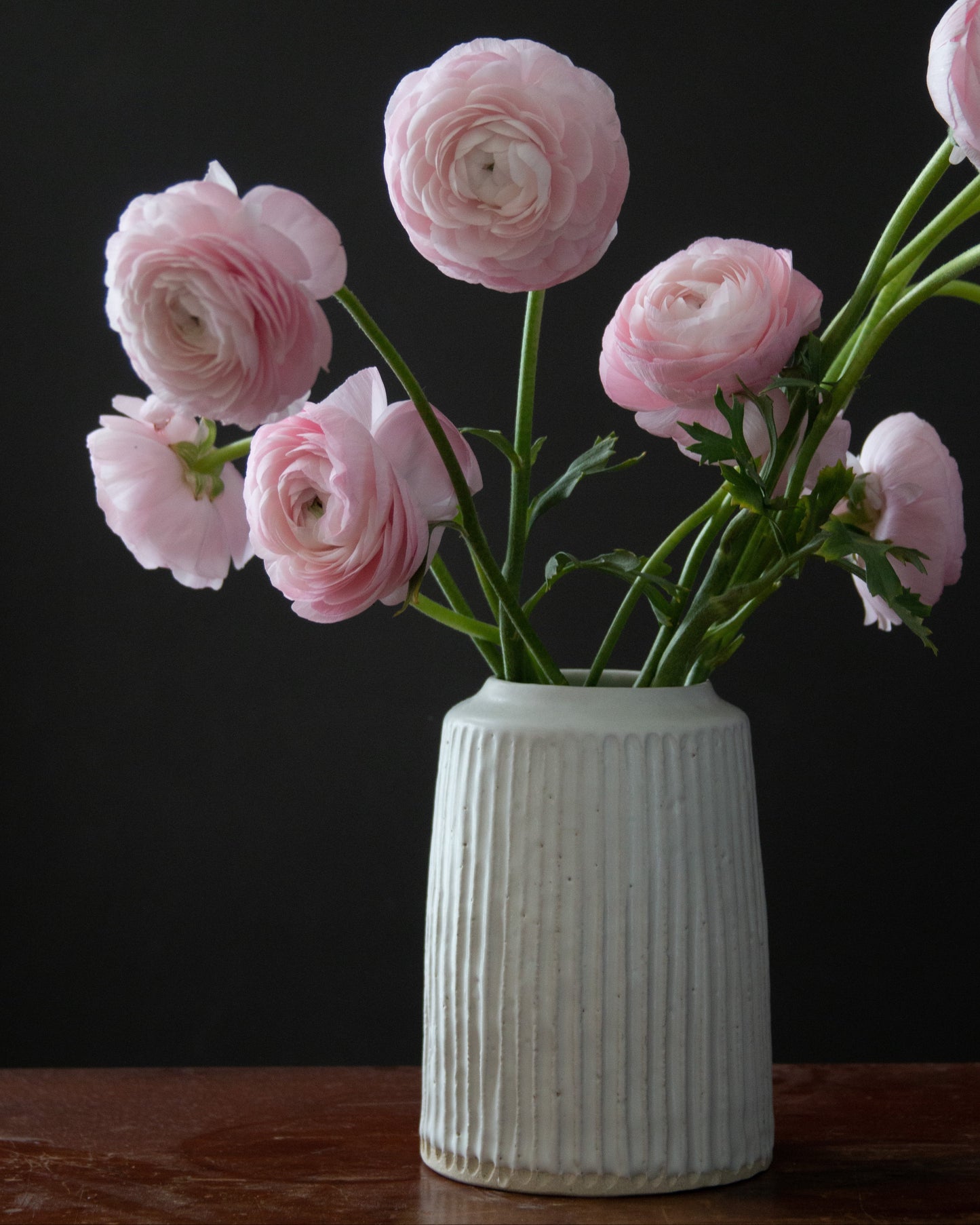 White vase with pink flowers on a dark background