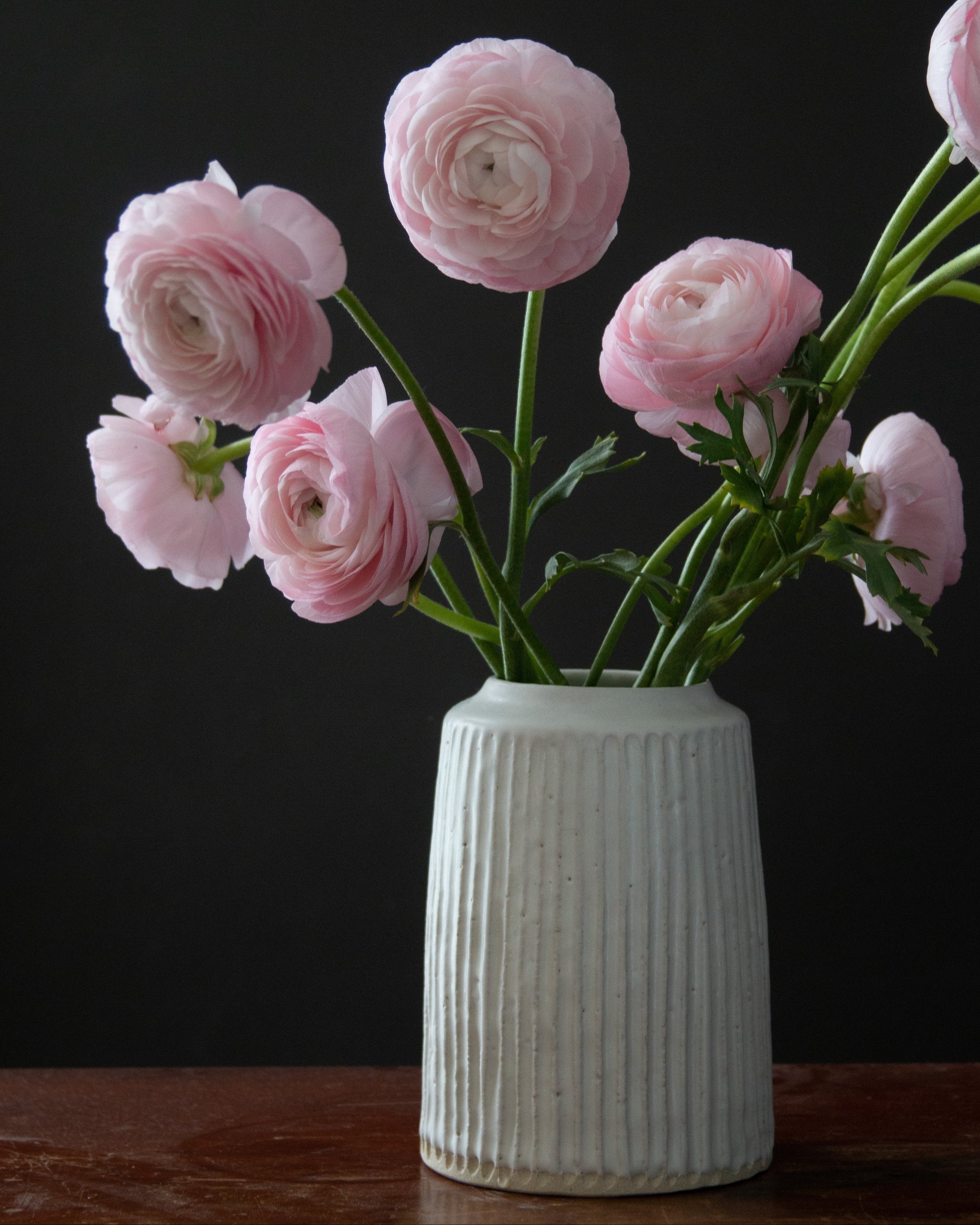 White vase with pink flowers on a dark background